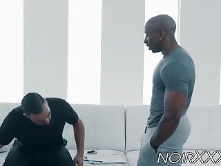 Muscular black gay botheration destroys hunky bearded white stud